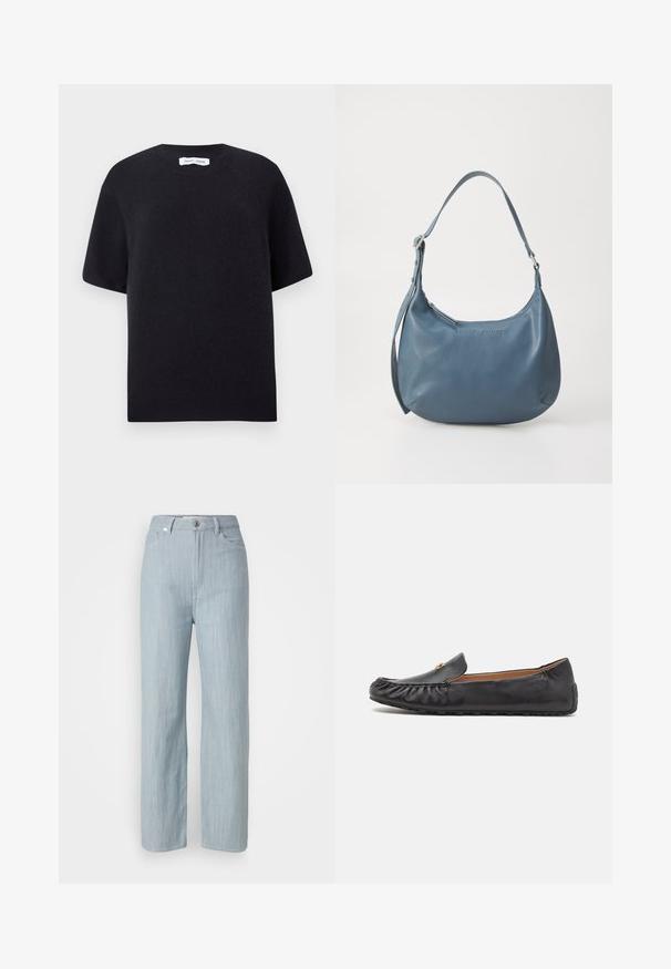 Fekete kötött rövid ujjú pulóver, kerek nyakkivágással és bordás szegéllyel. Simasági érezhető, laza szabással. Minimalista dizájn.; Világoskék egyenes szárú farmernadrág. Öt zsebbel, fém gombos záródással és finom kopási hatással a textúra érdekében rendelkezik.; Fekete bőr mokaszín laposcipő kézi varrással, lekerekített orral és finom arany díszítéssel. Puha tapintású és gumitalpú, amely biztosítja a tapadást.; Kerekded formájú, kék bőr kézitáska, egyetlen vállpánttal, cipzárral záródik, az elülső részen domborított márkanevével. Simák a textúrája.