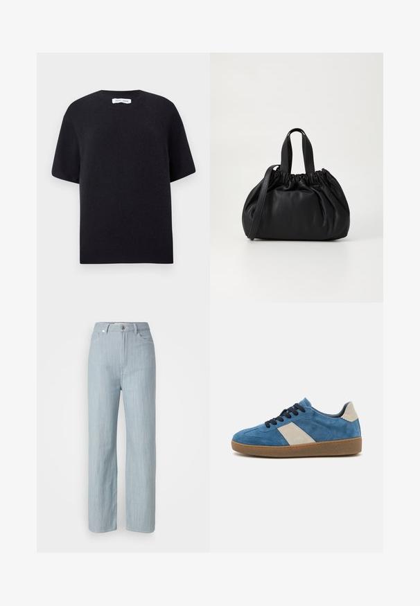 Crni pleteni pulover s kratkim rukavima, okruglim izrezom i rebrastim rubom. Glatka tekstura s opuštenim krojem. Minimalistički dizajn.; Svijetloplave traperice ravnog kroja. Imaju pet džepova, metalno dugme za zatvaranje i suptilne tragove habanja za dodatnu teksturu.; Plave nubuk tenisice s bež kožnim detaljem, tamnim vezicama i strukturiranom gumenom potplatom; niska podstava s zaobljenim vrhom.; Crna kožna torba s nabranim dizajnom na vrhu, s dva kratka ručka i dugim podesivim remenom. Glatka tekstura, zaobljen oblik.