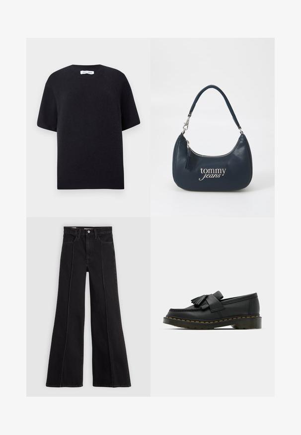 Mustan neulotun lyhythihainen neulepaita, jossa on pyöreä kaula-aukko ja ribattu helma. Sujuva pinta, jossa on rento istuvuus. Minimalistinen muotoilu.; Mustat korkeavyötäröiset pussihousut, joissa on etusauman yksityiskohtia, nappikiinnitys, vyölenkit ja etutaskut vaalealla taustalla.; Musta nahkakengät, joissa on pyöreä varvas, fringed-yksityiskohta ja koristeellinen nauha edessä, paksulla kannalla.; Navy sininen nahkakäsilaukku, jossa on pyöreä muoto, hopeinen vetoketju ja "tommy jeans" -logo käsinkirjoitustyylillä edessä. Lyhyt kantohihna.