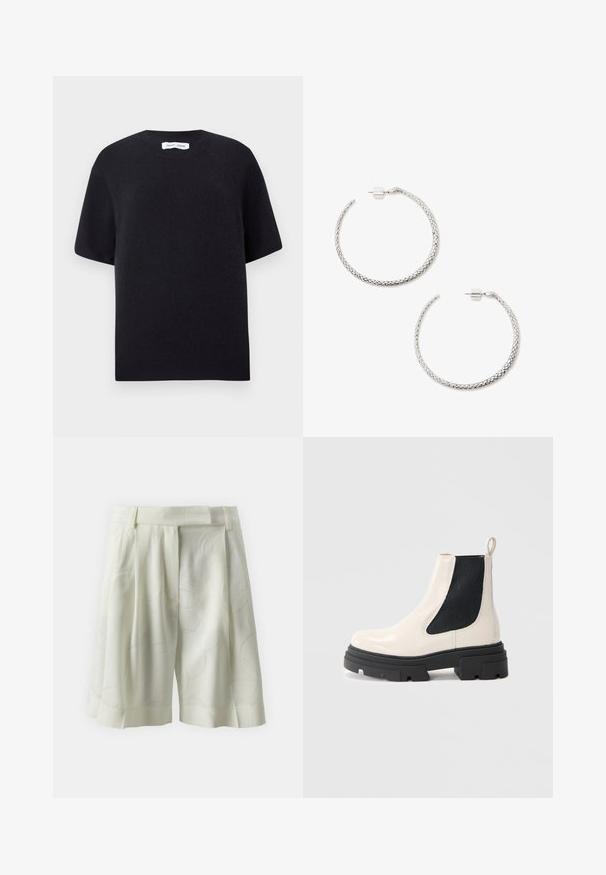 Suéter negro de punto de manga corta con un escote redondo y un dobladillo acanalado. Textura suave con un ajuste relajado. Diseño minimalista.; Pantalones cortos plisados en tejido de marfil claro con un sutil patrón abstracto. Presentan una cintura plana y un corte relajado, ideal para climas cálidos.; Botín Chelsea de cuero crema con suela gruesa negra y panel lateral elástico negro sobre fondo blanco liso.; Aros de plata trenzados con un acabado texturizado. Cierre posterior seguro con un pequeño acento cilíndrico.
