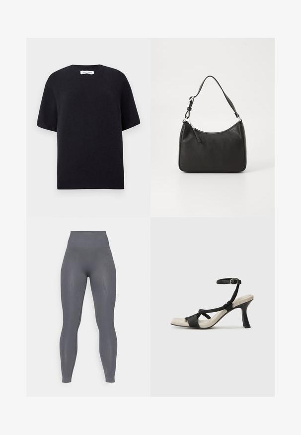 Svart strikket kortermet genser med rund hals og ribbestrikket kant. Glatt tekstur med avslappet passform. Minimalistisk design.; Grå ribbede leggings med høy midje, tettsittende fasong og teksturert stoff. Ingen synlige mønstre eller detaljer i metall.; Sorte helårs sandaler med flettet stroppesdesign, firkantet tå og justerbar ankelrem. Lys beige fotseng med glanset svart hæl.; Svart lærveske med en buet form, en enkelt stropp, glidelåslukking og subtil merkevarebygging på forsiden. Glatt tekstur, minimalistisk design.