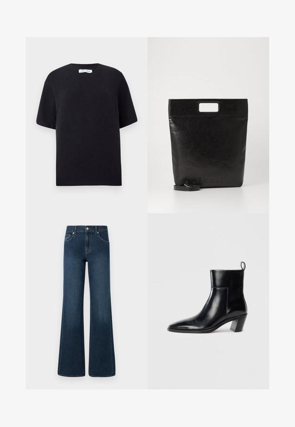 Czarny, dziany sweter z krótkim rękawem, okrągłym dekoltem i prążkowanym wykończeniem. Gładka faktura i luźny krój. Minimalistyczny design.; Dżinsy o szerokich nogawkach w ciemnoniebieskim odcieniu, z zapięciem na guzik, pięcioma kieszeniami i delikatnym wyblaknięciem dla dodatkowego efektu.; Czarne skórzane botki do kostki z wąskim noskiem, geometrycznie uformowanym, grubym obcasem oraz pętlą z tyłu. Gładka faktura i elegancki design.; Czarna skórzana torba na ramię z kwadratowym uchwytem, z teksturowanym wykończeniem i wytłoczonym logo. Zawiera odpinany pasek.