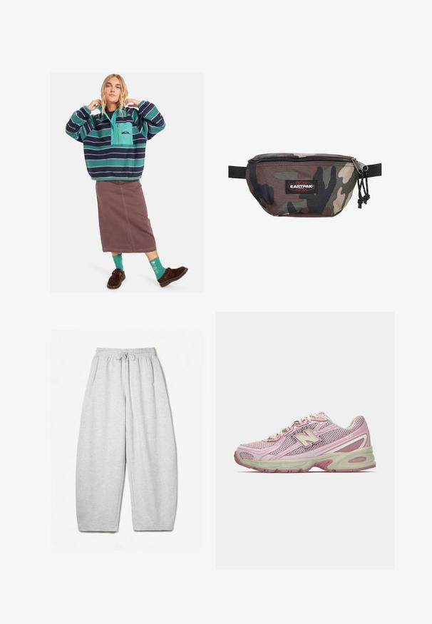 Fleece pullover met teal en marineblauwe strepen, half-zip ontwerp, voorzak, gecombineerd met een bruine rok en gemusterde groene sokken.; Lichtgrijze sweatpants met een ontspannen pasvorm, elastische tailleband, trekkoord en zijzakken; gemaakt van zachte, gestructureerde stof.; Roze en beige New Balance 740 sneaker met een bovenwerk van mesh en kunstleer, vetersluiting en een gevoerde zool, weergegeven in zijprofiel.; Camouflage heupriem gemaakt van duurzame stof, met een ritsluiting, verstelbare band en een rode Eastpak-logo patch aan de voorkant.