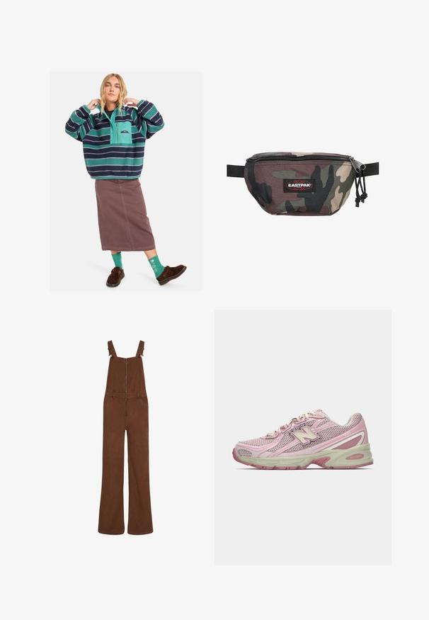 Pullover in pile con strisce turchesi e navy, design con zip a metà, tasca frontale, abbinato a una gonna marrone e calzini verdi con fantasia.; Salopette in corduroy marrone a gamba larga con zip frontale e spalline regolabili, dotata di passanti per la cintura e due tasche frontali.; Sneaker New Balance 740 in rosa e beige con tomaia in mesh e sintetico, chiusura con lacci e suola imbottita, mostrato in profilo laterale.; Marsupio camouflage realizzato in tessuto resistente, caratterizzato da una chiusura con zip, una tracolla regolabile e un'etichetta rossa con il logo Eastpak sul davanti.