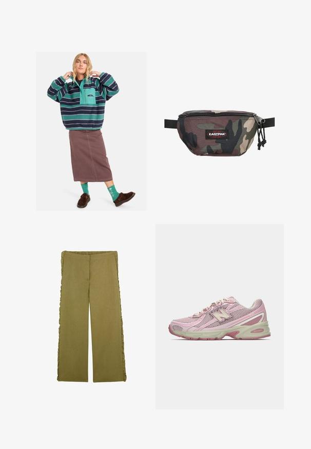 Fleece-pusero, jossa on teal- ja laivastonsinisiä raitoja, puoliveto-muotoilu, etutasku, yhdistetty ruskean hameen ja kuvioitujen vihreiden sukkien kanssa.; Vihreät leveälahkeiset housut, jotka on valmistettu tekstuuri- ja kankaisesta materiaalista, ja niissä on rypytetyt sivukoristeet sekä mukava joustava vyötärö.; Vaaleanpunaiset ja beigeet New Balance 740 -lenkkarit, joissa on verkkokangas ja synteettinen päällinen, nauhakiinnitys ja pehmustettu pohja, esitettynä sivuprofiilissa.; Fanny pack kamuflase terbuat dari kain tahan lama, dilengkapi dengan penutup resleting, tali yang dapat disesuaikan, dan patch logo Eastpak merah di bagian depan.