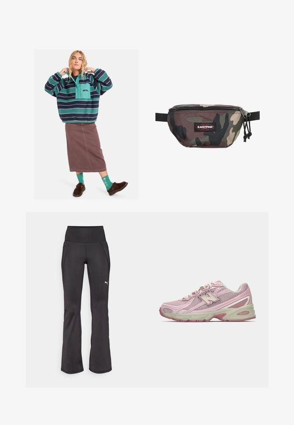 Fleece pullover met teal en marineblauwe strepen, half-zip ontwerp, voorzak, gecombineerd met een bruine rok en gemusterde groene sokken.; Zwarte flared fitnessbroek met een hoge tailleband, rekbaar weefsel, met een geborduurd wit merkembleem en subtiele stikseldetails.; Roze en beige New Balance 740 sneaker met een bovenwerk van mesh en kunstleer, vetersluiting en een gevoerde zool, weergegeven in zijprofiel.; Camouflage heupriem gemaakt van duurzame stof, met een ritsluiting, verstelbare band en een rode Eastpak-logo patch aan de voorkant.