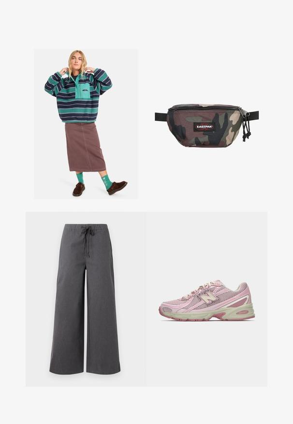 Fleece pullover met teal en marineblauwe strepen, half-zip ontwerp, voorzak, gecombineerd met een bruine rok en gemusterde groene sokken.; Wijdlopende, donkergrijze broek gemaakt van een zachte stof, met een elastische tailleband en een trekkoord, en minimaal stikwerk.; Roze en beige New Balance 740 sneaker met een bovenwerk van mesh en kunstleer, vetersluiting en een gevoerde zool, weergegeven in zijprofiel.; Camouflage heupriem gemaakt van duurzame stof, met een ritsluiting, verstelbare band en een rode Eastpak-logo patch aan de voorkant.