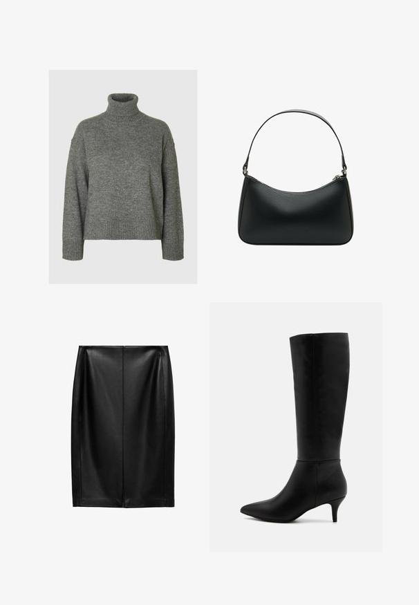 Grauer Rollkragenpullover aus einem weichen, strukturierten Material mit lockerer Passform. Mit geripptem Kragen, Bündchen und Saum. Einfaches Design.; Schwarzer Leder-Bleistiftrock mit glatter Textur, geradem Schnitt, Taillenbund und zentralem Nahtdetail. Keine zusätzlichen Verzierungen.; Anna Field Stiefel - black; Schwarze Leder-Schultertasche mit geschwungener Form, einem flachen Tragegurt und einem oberen Reißverschluss. Glatte Textur mit minimalen Hardwaredetails.