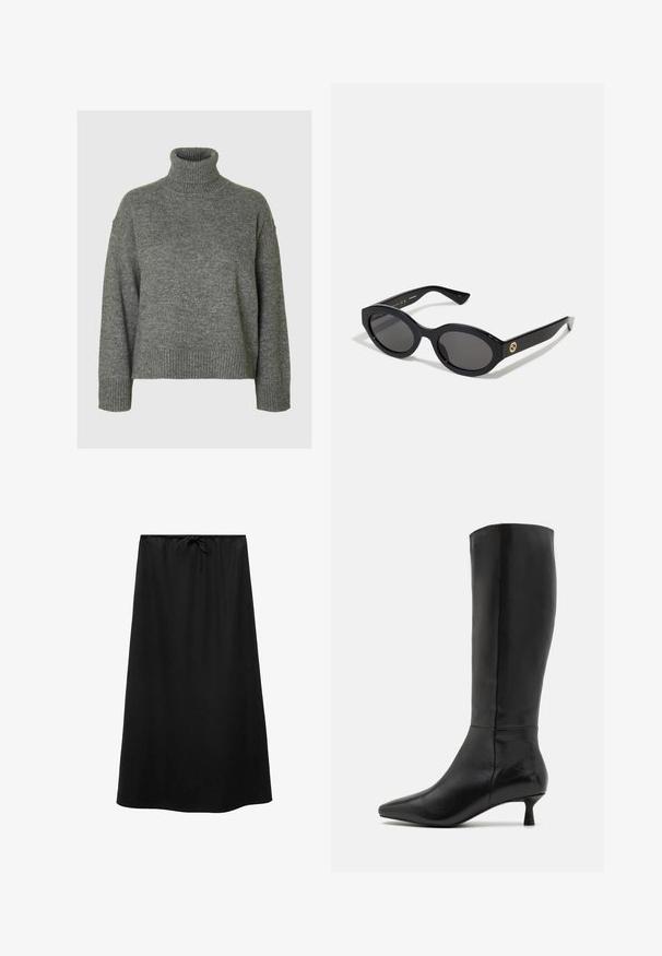 Grijze coltrui van een zachte, gestructureerde stof met een relaxte pasvorm. Heeft een geribbelde kraag, manchetten en onderkant. Eenvoudig ontwerp.; Mango Maxirok - black; Zign Laarzen - black; Zwarte ovale zonnebril met donkere glazen en een glanzend kunststof frame. Heeft een gouden logo op de poot, dat een strakke en moderne uitstraling biedt.; Zwarte leren schoudertas met een gladde textuur, voorzien van een dunne, lange schouderband en een subtiele stiknaad in het midden.