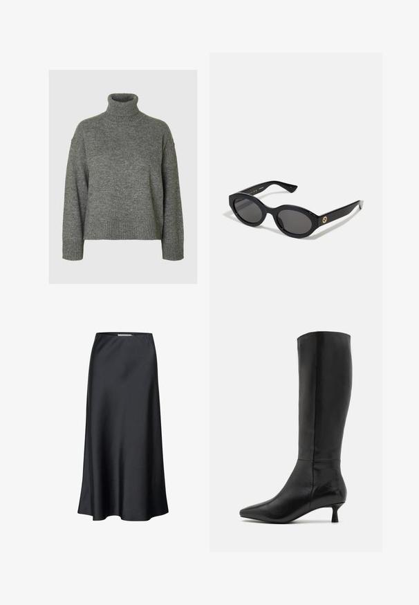 Grå turtleneck sweater lavet af et blødt, tekstureret materiale med en afslappet pasform. Har ribbede detaljer ved krave, ærmer og kant. Enkel design.; Sort midi-nederdel lavet af glat stof, med en flydende silhuet og en subtil glans. Har et enkelt, ensfarvet design.; Zign Høje støvler/ Støvler - black; Sorte ovale solbriller med mørke linser og blank plastramme. Har et guldlogo på stykket, hvilket giver et slankt og moderne design.; Sort læder skuldertaske med en glat overflade, der har en tynd, lang rem og en subtil syet detalje ned langs midten.