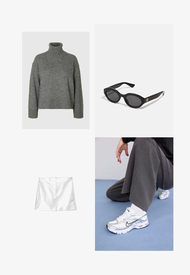 Pilkas turtlenekas, pagamintas iš minkštos, tekstūruotos medžiagos, su laisvu siluetu. Yra šonkačiai apykaklė, rankogaliai ir apačia. Paprastas dizainas.; Baltas mini sijonas su lygiu, blizgiu paviršiumi, turintis tiesų kirpimą ir vientisą užtrauktuką nugaroje.; Balti ir sidabriniai sportiniai batai su tinklelio ir sintetinėmis medžiagomis, turintys juodus akcentus, raištelius ir tekstūruotus padais.; Juodos ovalios saulės akinių su tamsiais lęšiais ir blizgia plastiko apvadu. Su auksiniu logotipu ant šventyklos, siūlo elegantišką ir modernų dizainą.; Bordo rankinė, pagaminta iš sintetinių medžiagų, su struktūrizuotu dizainu, turinti nuimamą dirželį ir gėlių raštą turinčią skarą, pririštą prie rankenos.