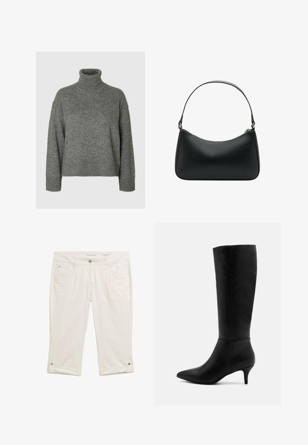 Pull à col roulé gris fabriqué dans un matériau doux et texturé, avec une coupe décontractée. Présente un col, des poignets et un ourlet côtelés. Design simple.; Pantalon blanc 3/4 en tissu légèrement texturé. Dispose de poches avant, d'une fermeture par bouton et de poignets retroussés maintenus par des pressions.; Anna Field Bottes - black; Sac à bandoulière en cuir noir avec une forme arrondie, une seule sangle plate et une fermeture éclair supérieure. Texture lisse avec des détails matériels minimalistes.