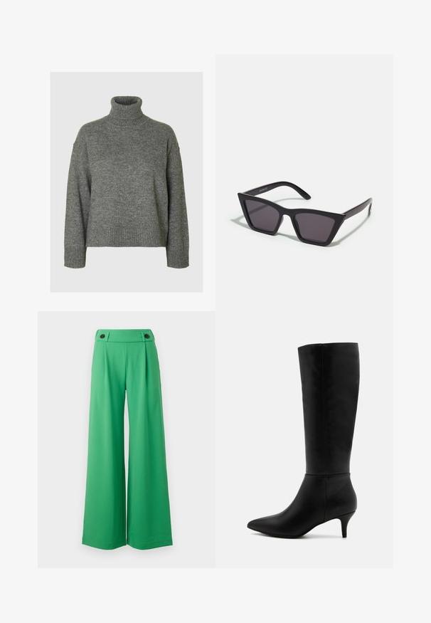 Sivi pulover s turtleneck ovratnikom, izdelan iz mehkega, teksturiranega materiala z sproščenim krojem. Ima rebrast vrhnji del, manšete in rob. Preprost dizajn.; Široke hlače iz svetle zelene tkanine, z prilegajočim pasom in dvema črnima gumboma na sprednji strani. Gladka tekstura.; Anna Field Škornji - black; Črne, angularne sončne očala z sivimi lečami; izdelana iz plastike, imajo debele ročke z gladko površino in brez vidne opreme.; Črna usnjena torba za ramo s ukrivljeno obliko, enojnim ravnim trakom in zgornjim zadrgo. Gladka tekstura z minimalnimi podrobnostmi snemalnikov.