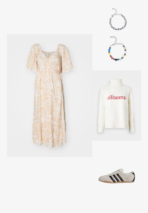 Suéter blanco de punto con un alto cuello acanalado, con un logo bordado en rojo de "ellesse" en el pecho. Mangas largas con puños acanalados.; Vestido maxi de tela melocotón claro con estampado floral blanco, mangas cortas abullonadas, cintura ceñida y dobladillo con volantes.; Zapatilla de ante con parte superior gris, franjas negras y suela de goma. Cuenta con cierre de cordones y un detalle del logo en dorado en el lateral.; Pulsera de cadena de plata con eslabones alargados en la parte superior. Debajo, una pulsera de cuentas coloridas con cuentas negras, azules, verdes, amarillas, rojas y transparentes.