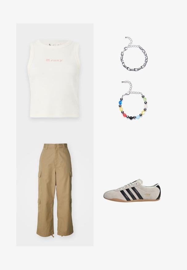 Balts adīts džemperis ar augstu ribotu apkakli, kurā ir sarkans izšūts "ellesse" logo uz krūtīm. Garas piedurknes ar ribotām aprocēm.; Balta ribota bez piedurknēm tanka ar apaļu kakla izgriezumu un mazu rozā "Roxy" logo uz krūtīm. Gluda tekstūra, pieguļošs dizains.; Bēša kravas bikses ar augstu jostasvietu, platām kājām un četriem lieliem sānu kabatām. Izgatavotas no izturīgas auduma ar gludu tekstūru un minimālām detaļām.; Zigžņu kedas ar pelēku augšdaļu, melniem izstrādājumiem un gumijas zoli. Ietekmē saites slēgšana un zelta logo detaļa sānos.; Sudraba ķēdes aproce ar izstieptiem posmiem augšpusē. Zemāk ir krāsaina pērlīšu aproce ar melnām, zilām, zaļām, dzeltenām, sarkanām un caurspīdīgām pērlītēm.