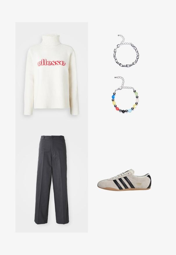 Hvitt strikket genser med høy ribbestrikket krage, med en rød brodert "ellesse" logo over brystet. Lange ermer med ribbestrikkede mansjetter.; Mørke grå bukser med rette ben, som har en enkelt knaplukning, bælteløkker og et glat, tekstureret stof.; Semsket sneakers med grå overdel, sorte striper og gummisåle. Har snøring og en gull logo detalj på siden.; Sølv kjede armbånd med avlange lenker over. Under er et fargerikt perlearmbånd med svarte, blå, grønne, gule, røde og klare perler.