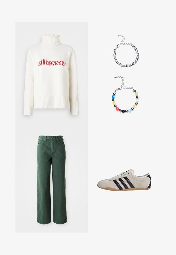 Balta mezgimo megztinis su aukštu gaubtu, puošiamas raudonu siuvinėtu "ellesse" logotipu per krūtinę. Ilgos rankovės su guma.; Žali plačiai iškirpti džinsai, pagaminti iš džinsinio audinio. Sukurti su aukštu liemeniu, tiesiomis kojomis, priekinėmis kišenėmis ir metalinėmis sagomis.; Suede sportbačiai su pilku viršumi, juodomis juostelėmis ir guminėmis padais. Yra šniūreliai ir auksinė logotipo detalė šone.; Sidabro grandinėlė su išilgiais žiedais viršuje. Apačioje – spalvinga karoliukų apyrankė su juodais, mėlynais, žaliais, geltonais, raudonais ir skaidriais karoliukais.