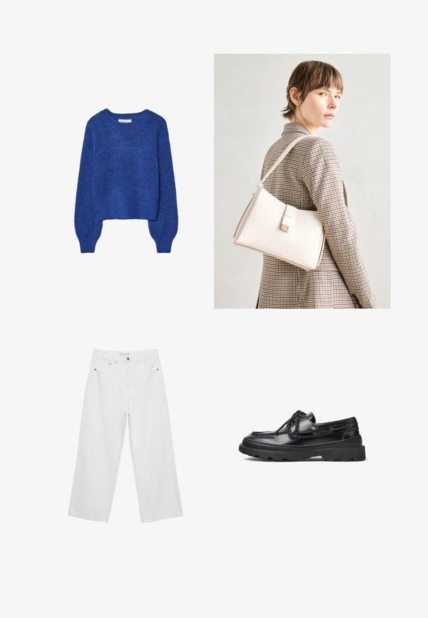 Mikina s okrúhlym výstrihom vo výraznej modrej farbe, s textúrovaným pletením, rebrovanými manžetami a voľným strihom. Mäkký materiál zvyšuje pohodlie a teplo.; Biele široké džínsy z denimu s vysokým pásom, vybavené piatimi vreckami a kovovými doplnkami. Hladká textúra, žiadne viditeľné vzory.; Čierne kožené loďky s okrúhlym špičkou, šnurovací dizajn, prešívané akcenty a hrubá gumová podošva s textúrovaným vzorom pre lepšiu priľnavosť.; Biely kožený kabelka so štruktúrovaným dizajnom, s magnetickým uzáverom a ramenným popruhom, vystavená na neutrálnom pozadí.