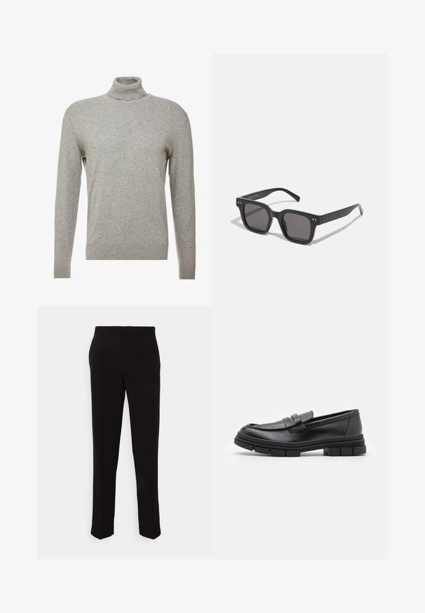 Szürke pulóver magas nyakkal és hosszú ujjal. Simább, puha anyagból készült, testhezálló kialakítással és bordázott díszítéssel az alján.; Fekete nadrág egyenes szabással, sima textúrával és látható minták vagy fémalkatrészek nélkül. Klasszikus dizájn, letisztult sziluettel.; Fekete bőr loaferek sima felülettel, elülső pánt részlettel és vastag, bordázott gumitalpakkal.; Fekete téglalap alakú napszemüveg sötét lencsékkel, vastag kerettel, finom díszítésekkel az oldalán, és a márkanevet leszámítva látható logók nélkül.