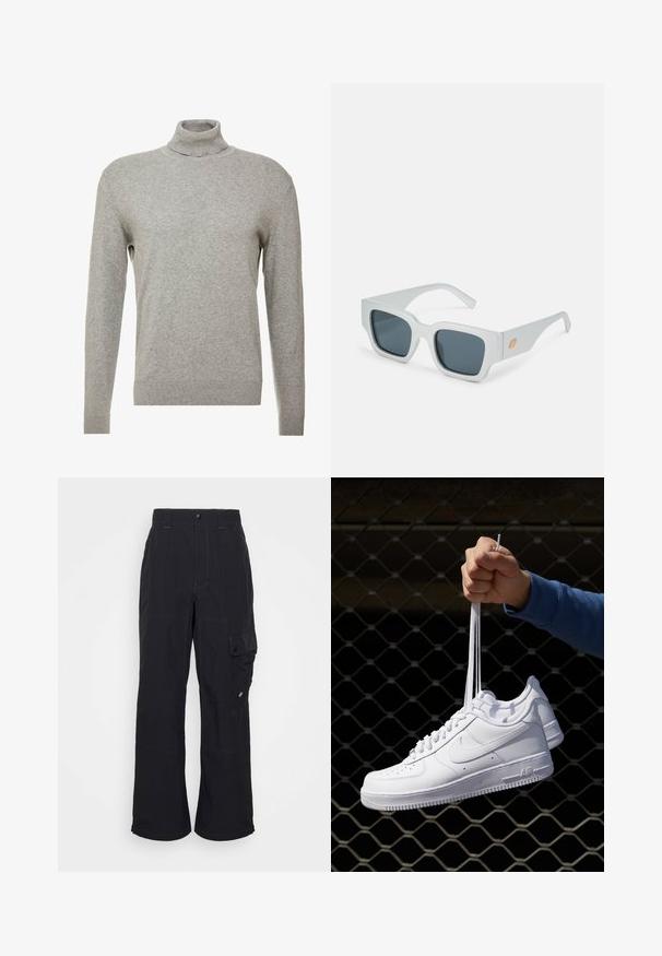 Sivi pulover s visokim ovratnikom i dugim rukavima. Izrađen od glatkog, mekanog materijala s prilagodljivim dizajnom i rebrastim detaljima na rubu.; Crne cargo hlače od teksturiranog materijala, s širokim nogavicama, vidljivim šavovima i bočnom džepom sa kopčom na dugme.; Bijele kožne tenisice s perforacijama, okruglim vrhom, ravnim potplatom i debelim vezicama, s vidljivim swoosh logom i natpisom "AIR" na peti.; Bijele kvadratne sunčane naočale s tamnim staklima. Debeli okvir, glatka tekstura i narandžasti logo detalj na bočnom kraku. Angularni oblik.; Crna torba na duffel s glatkim materijalom, dvostrukim zatvaračima, podstavljenim ručkama i velikim bijelim Nike logotipom sprijeda.