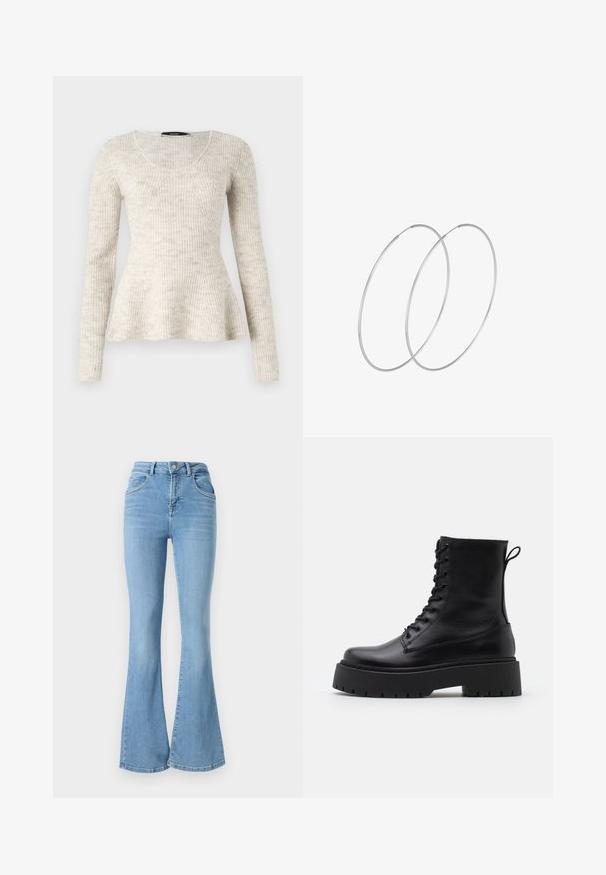 Suéter de manga larga beige claro con textura acanalada, escote redondeado y dobladillo acampanado. Hecho de un tejido de punto suave.; Vaqueros de mezclilla acampanados en azul claro, con cintura alta, dos bolsillos delanteros y costuras decorativas a lo largo de las costuras.; Botas de cuero negras hasta el tobillo con punta redonda, cordones en la parte delantera y una suela de goma gruesa con un dibujo texturizado. Tirador en la parte trasera.; Pendientes de aro plateados con un diseño minimalista. Forma circular, textura suave y perfil delgado. Livianos con un acabado pulido.