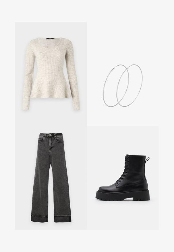 Svijetlosmeđa dugosleeve pulover s rebrastom teksturom, izrezom u obliku supe i proširenim rubom. Izrađen od mekanog, pletenog materijala.; Široke visoko strukirane crne traperice napravljene od denima, s kopčanjem na gumb, pet džepova i sirovim rubovima na gležnjevima.; Crne kožne gležnjače s okruglim vrhom, vezanjem sprijeda i debelim gumenim potplatom s teksturiranim uzorkom. Tipa: traka za vuču na stražnjoj strani.; Srebrne okrugle naušnice s minimalističkim dizajnom. Kružni oblik, glatka tekstura i tanak profil. Lagane s poliranim završetkom.