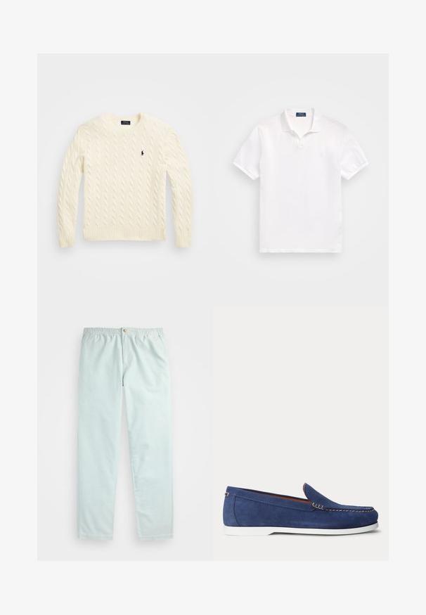 Kremo spalvos kabelinio pintinio megztinis su raukiniais ant rankovių ir apykaklės, su mažuoju mėlynu logotipu ant krūtinės. Pagamintas iš minkštos, tekstūruotos medžiagos.; Baltas medvilninis polo marškinėlis su dviem mygtukais priekyje, trumpomis rankovėmis ir subtiliu logotipu kairėje krūtinės pusėje. Lygus tekstūras.; Šviesiai mėlynos, laisvo kirpimo kelnės su elastinga juosta, šoninėmis kišenėmis ir vienu mygtuku priekyje.; Tamsiai mėlyni zomšiniai mokasinai su balta gumine padu, prie kontrastingos siūlės ir lengvai užsideda. Šone yra mažas auksinis akcentas.