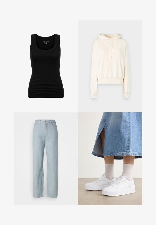 Krem hettegenser med frontlomme, snorhette, ribbede mansjetter og en liten logopatch på brystet. Myk stoffkvalitet.; Svart tanktop med rund hals og brede stropper, laget av elastisk bomullsmateriale, med en figursydd silhuett og glatt tekstur.; Lys blå rett ben jeans laget av denim. Har fem lommer, en metallknapplukking og subtil slitasje for tekstur.; Hvite joggesko med teksturert lær, med plattformsåle, rund tå og snøring; kombinert med lysegrå ankelsokker og et denimskjørt.