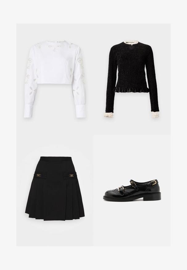 Zwarte lange mouwen top van textuurstof, met een gerimpelde zoom en witte rimpelaccenten bij de kraag en mouwen. Bevat een centrale lus sluiting.; Witte cropped blouse met lange mouwen, versierd met geborduurde bloemmotieven in een subtiele beige draad. Soepele stoftextuur.; Zwarte geplooide rok met gouden hardware accenten. Beschikt over zijzakken met logo-details, gemaakt van glad materiaal. A-lijn silhouet.; Zwarte leren schoenen met brogue-details, voorzien van twee gespsluitingen, een ronde neus en een lage hak. Glad oppervlak met een glanzende afwerking.