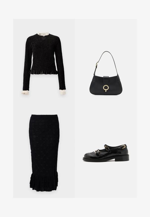 Haut à manches longues noir en tissu texturé, avec un ourlet à volants et des accents de volants blancs au col et aux poignets. Il dispose d'une fermeture centrale en boucle.; Jupe en tricot noire avec un motif en diamant texturé, un ourlet volé et une fente sur le côté. Le matériau semble doux et légèrement transparent.; Chaussures en cuir noir avec détails de brogue, dotées de deux sangles à boucle, d'un bout arrondi et d'un talon bas. Texture lisse avec finition brillante.; Sac à main en cuir noir avec une silhouette arrondie, une courte bandoulière, un matériel doré central et une texture lisse. Aucun motif ni accent visible.