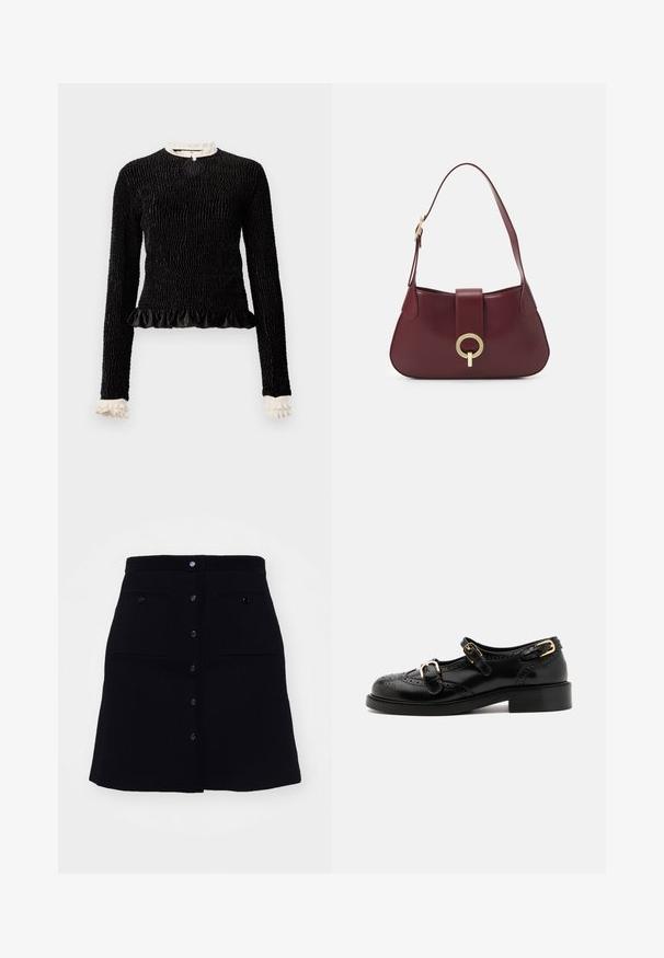 Crna majica dugih rukava od teksturiranog materijala, s volanima na rubu i bijelim volanima na ovratniku i manžetama. Ima središnje zatvaranje s petljom.; sandro JUPE TRAPEZE POCHES - Suknja A kroja - noir; Crne kožne cipele s brogue detaljima, koje imaju dva remena sa kopčama, okrugli vrh i niski potplat. Glatka tekstura s sjajnim završetkom.; Bordo kožna torbica s zakrivljenim oblikom, zlatnim kružnim detaljem i jednim remenom za rame. Glatka tekstura, minimalistički dizajn.