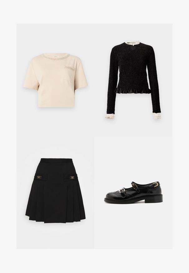 Must mustriga mustega, tekstuuriga kanga, volangäärtega ja valgete volangakinnitustega kaeluses ja varrukates. Omab keskel aasakinnitust.; Bees värvi lühikeste varrukatega T-särk ümmarguse kaeluse ja helmesdetailidega, millel on väike rinnatasku sarnase helmeskujundusega.; Must mustriga seelik kuldsete detailidega. Omab küljetaskuid logodetailidega, valmistatud siledast materjalist. A-laineline siluett.; Mustal nahast kingad brogue-tekstiiliga, millel on kaks pandla rihma, ümar varvas ja madal konts. Sujuv tekstuur ja läikiv viimistlus.