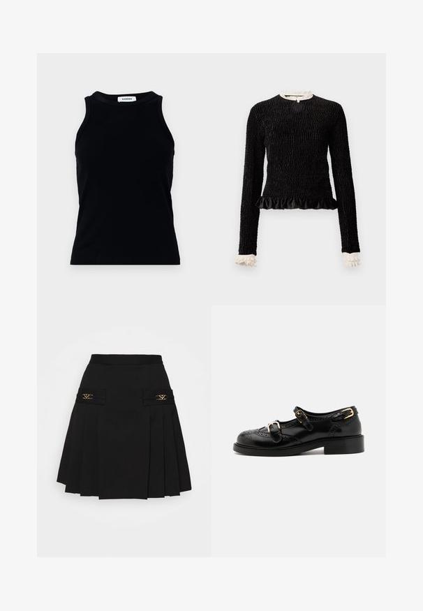 Black long-sleeve top with textured fabric, ruffled hem, and white ruffle accents at the collar and cuffs. Features a central looped closure.; Black ribbed tank top with a round neckline and wide shoulder straps. Features no embellishments or patterns. Smooth texture.; Black pleated skirt with gold hardware accents. Features side pockets with logo detailing, made from smooth material. A-line silhouette.; Black leather shoes with brogue detailing, featuring two buckle straps, a rounded toe, and a low heel. Smooth texture with shiny finish.