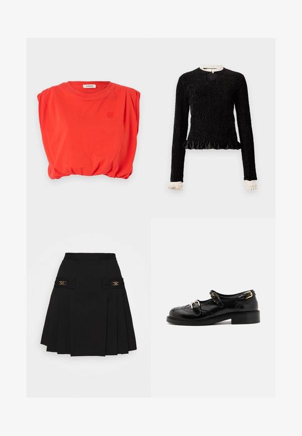 Schwarzes Langarmoberteil aus strukturiertem Stoff mit gerafftem Saum und weißen Rüschendetails am Kragen und an den Ärmeln. Verfügt über einen zentralen Schlaufenverschluss.; sandro Top - rouge; Schwarzer gefalteter Rock mit goldenen Hardware-Details. Verfügt über Seitentaschen mit Logo-Details und ist aus glattem Material gefertigt. A-Linien-Silhouette.; Schwarze Lederschuhe mit Broguedetails, ausgestattet mit zwei Schnallenriemen, einer abgerundeten Zehenpartie und einem flachen Absatz. Glatte Textur mit glänzendem Finish.