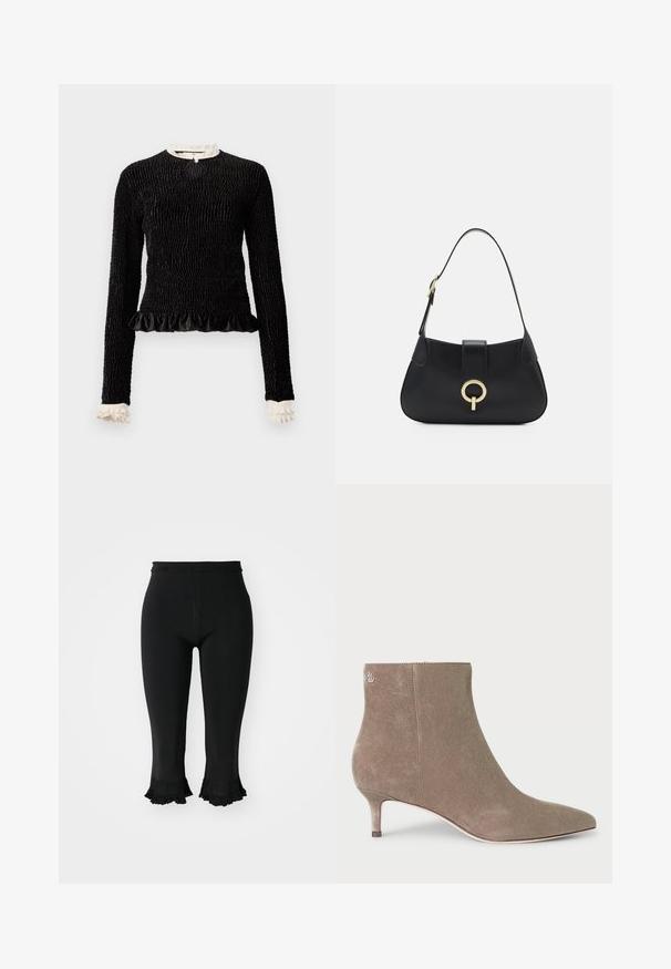 Črn dolg rokav vrh z teksturirano tkanino, nabranim robom in belimi nabranimi poudarki na ovratniku in manšetah. Ima osrednji zanka zapiranje.; sandro PANTALON CROP MAILLE BAS FANTAISIE - Hlače - noir; Sive usnjene gležnjarje s koničastim nosom in mačjo peto, ki imajo logotip v bližini vrha ter gladko strukturirano površino.; Črna usnjena torbica s ukrivljeno silhueto, kratkim ročajem, centralno zlatim okrasom in gladko teksturo. Brez vidnih vzorcev ali dodatkov.