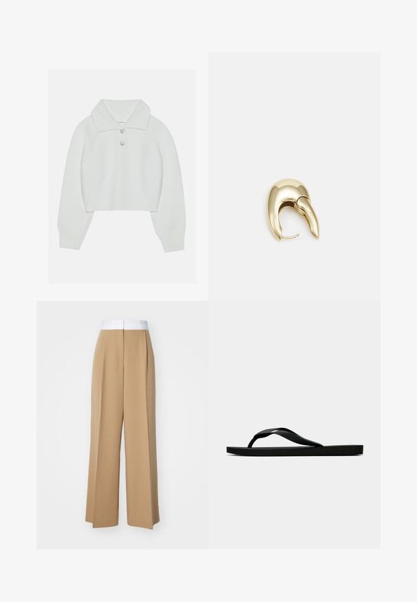 Hvit croppet genser med ribbet tekstur, stor krage og tre dekorative knapper i halsen. Lange ermer med ribbede mansjetter.; Bredde bukser i en lys brun stoff med en kontrasterende hvit livlinning. Har rene linjer og ingen synlige mønstre eller dekorasjoner.; Svarte gummiflip-flopsandaler med en teksturert stropp og enkel flat såle, vist fra siden på en enkel lys bakgrunn.; Gullfarget metalløredobber med et elegant, buet design. Har en karakteristisk spiss form, polert overflate og hengsel-lukking.
