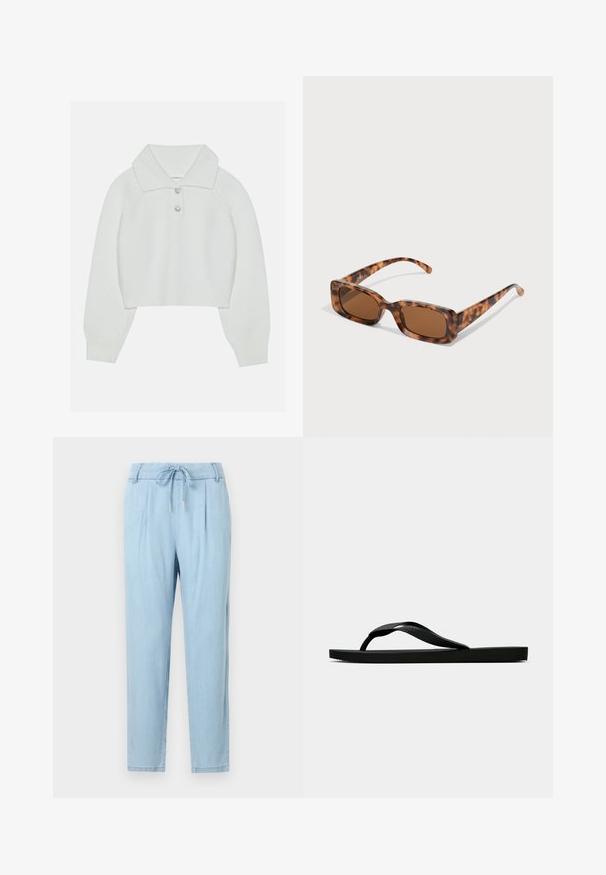 Biely skrátený sveter s rebrovanou textúrou, veľkým golierom a tromi dekoratívnymi gombíkmi na výstrihu. Dlhé rukávy s rebrovanými manžetami.; Svetlomodré nohavice z kombinácie ľanu s páskou na stiahnutie, zúžené nohy a bočné vrecká. Hladká textúra; žiadne viditeľné vzory ani akcenty.; Čierne gumené žabky s textúrovaným popruhom a jednoduchou plochou podrážkou, zobrazené z boku na jednofarebnom svetlom pozadí.; Rámik slnečných okuliarov z korytnačiny s obdĺžnikovými hnedými sklami, hrubým rámom a štíhlymi stranicami so vzorom rôznych odtieňov hnedej.; PULL&BEAR SHOPPER - Veľká kabelka - grey