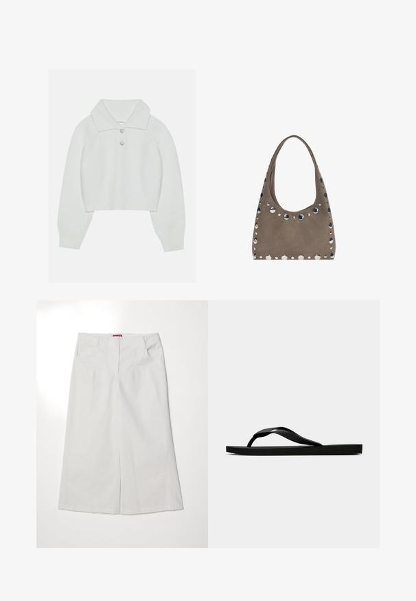 Weißer, kurzer Pullover mit gerippter Textur, großem Kragen und drei dekorativen Knöpfen am Ausschnitt. Lange Ärmel mit gerippten Bündchen.; Weiße weit geschnittene Baumwollhose mit zwei vorderen Taschen, einer glatten Textur und einem geraden Bund mit verdecktem Verschluss.; Schwarze Gummi-Flip-Flop-Sandale mit einem strukturierten Riemen und einfacher flacher Sohle, von der Seite auf einem schlichten hellen Hintergrund dargestellt.; PULL&BEAR SHOPPER - Shopping Bag - grey