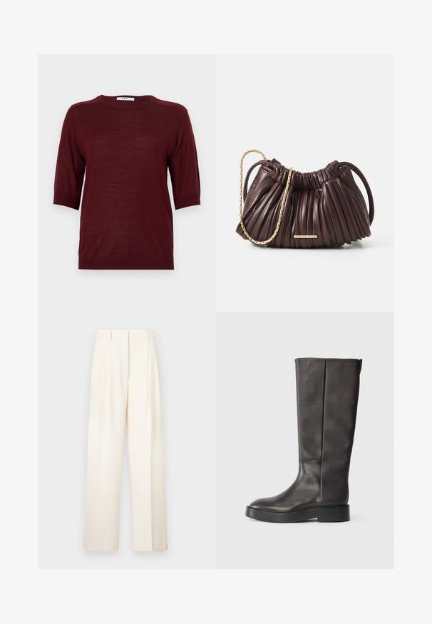 Burgunderfarbener Kurzarmpullover mit Rundhalsausschnitt, aus leichtem Stoff gefertigt, mit gerippten Akzenten an Ärmeln und Saum.; Bequeme, cremefarbene Weite Hosen, aus glattem Stoff gefertigt. Sie verfügen über ein maßgeschneidertes Design mit vorderen Falten und einem geraden Schnitt.; Schwarze knöchelhohe Lederstiefel mit dicker Sohle und dezentem Calvin Klein Logo nahe der oberen Kante, seitlich gezeigt.; Burgunderfarbene, gefaltete Leder-Handtasche mit goldener Kettenhandhabung und kleiner rechteckiger Hardware-Akzent. Weiche Textur, abgerundete Form und elegantes Design.