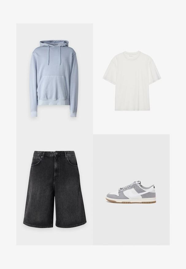 Hele sinine kapuutsiga dressipluus, mis on valmistatud pehmest materjalist, ees oleva taskuga, nööriga kapuutsi ja soonikute krae ning alläärega. Sujuv, lihtne disain ilma mustriteta.; Valge puuvillane t-särk lühikeste varrukatega, ümar kaelus ja kontrastse õmbluse detail kaeluse ning varrukate ümber.; Mustad teksapüksid laia sirge lõikega, ees nupuga sulgemine ja viis taskut. Pehme tekstuur ja pleekinud viimistlus.; Halli ja valge tennis鞋, millel on nubuk- ja nahkdetailid, ümar varvas, lamedad nöörid ning kummist tald, millel on kola aktsent.