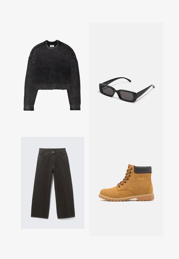 YOURTURN Pulover - dark grey; Jeans din denim negri cu picioare largi au o talie înaltă, un design cu cinci buzunare și închidere cu nasture. Materialul are o finisare moale și texturată.; Botine din suede bej, cu guler căptușit negru, ochiuri metalice și talpă din cauciuc texturat. Prezintă un logo embossat pe lateral.; Ochelari de soare negri, cu ramă rectangulară, lentile întunecate, finisaj lucios, brațe late și un design masiv. Numele mărcii gravat pe una dintre brațe.