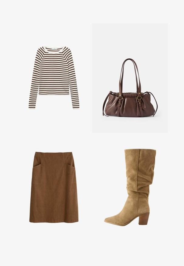 Dlhý rukáv top s horizontálnymi prúžkami v hnedej a bielej farbe, vyrobený z mäkkej textílie s okrúhlym výstrihom a priliehavým strihom.; Biela košeľa s dlhým rukávom, ktorá má gombíky, golier a jedno vrecko na hrudi, s mierne zakriveným spodným okrajom, vystavená na bielom pozadí.; Hnedá bavlnená sukňa s priliehavým pásom, dvoma bočnými vreckami a rovný strih. Textília má jemnú štruktúru a subtílny lesk.; Hnedé semišové vysoké čižmy s uvoľneným dizajnom, špicatou špičkou a zúženým dreveným podpätkom. Mäkká textúra s jasne viditeľným prešitím.; Hnedá kožená kabelka s dvoma dlhými uchami, zhromaždeným dizajnom, zlatými akcentmi a textúrovaným povrchom.