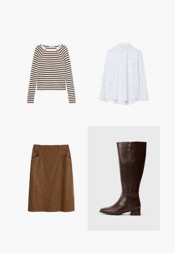 Un haut à manches longues avec des rayures horizontales marron et blanches, fabriqué dans un tissu doux avec un col rond et une coupe ajustée.; Chemise blanche à manches longues, à boutons, avec col et poche poitrine unique, ourlet légèrement incurvé, présentée sur un fond blanc.; Jupe en coton brun avec une taille ajustée, deux poches latérales et une coupe droite. Le tissu a une texture douce et un subtil éclat.; Botte en cuir brun foncé, haute, avec un petit talon bloc et une finition lisse, vue de profil sur fond blanc.