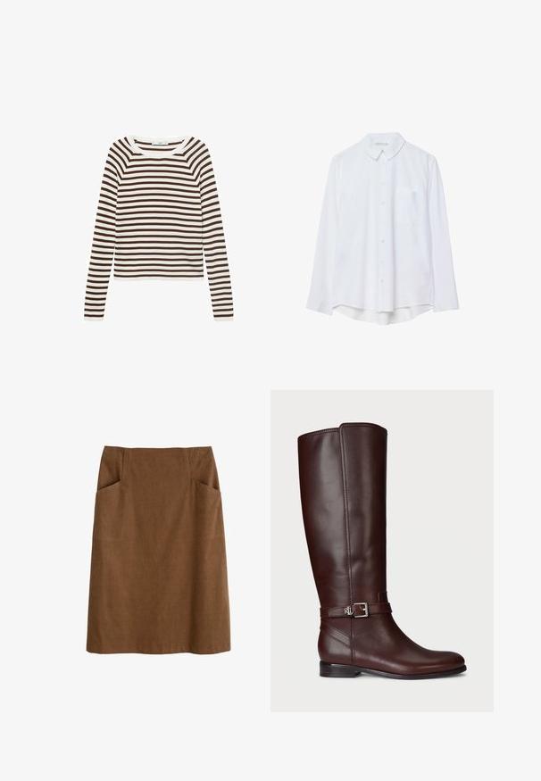 Long-sleeve top featuring horizontal stripes in brown and white, crafted from soft fabric with a round neck and fitted design.; White long-sleeve button-up shirt with collar and single chest pocket, slightly curved hem, displayed on a white background.; Brown cotton skirt with a fitted waist, two side pockets, and a straight cut. The fabric has a soft texture and subtle sheen.; Brown leather knee-high boot with a smooth texture, silver-tone buckle accent, and a low stacked heel. Features subtle stitch detailing.