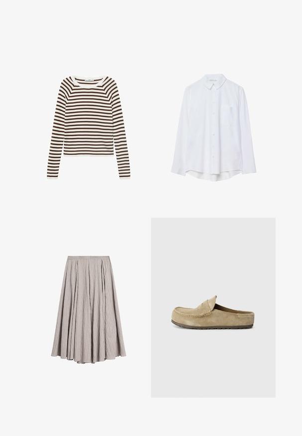 Un haut à manches longues avec des rayures horizontales marron et blanches, fabriqué dans un tissu doux avec un col rond et une coupe ajustée.; Chemise blanche à manches longues, à boutons, avec col et poche poitrine unique, ourlet légèrement incurvé, présentée sur un fond blanc.; Jupe midi gris clair en tissu texturé avec des plis verticaux, dotée d'une taille ajustée et d'une forme évasée.; Birkenstock NAPLES WRAPPED LEVE TAUPEN - REGULAR - Mules - taupe