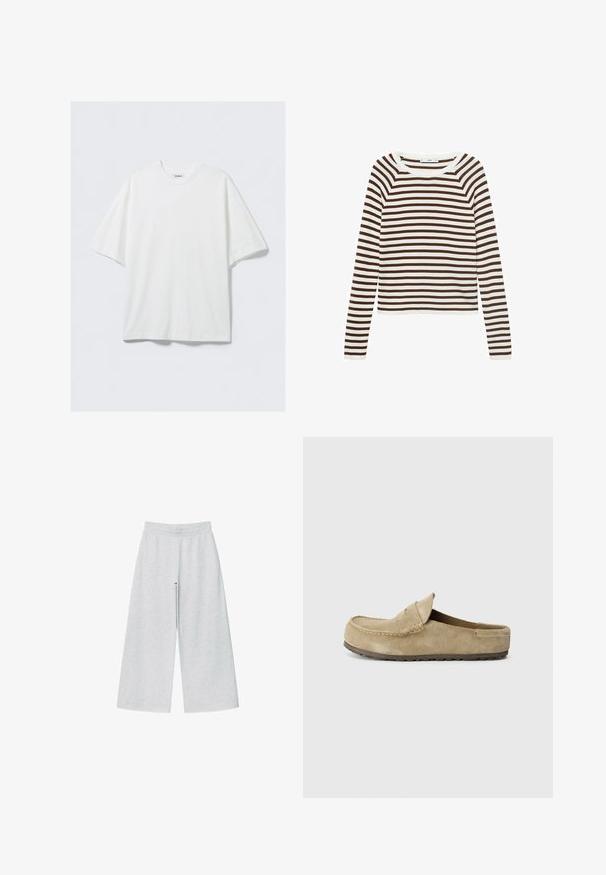 Long-sleeve top featuring horizontal stripes in brown and white, crafted from soft fabric with a round neck and fitted design.; White short-sleeved t-shirt made of cotton; features a relaxed fit, round neckline, and no visible patterns or accents.; Light gray wide-leg pants made of soft fabric with an elastic waistband. The design features a loose fit for comfort and ease of movement.; Birkenstock NAPLES WRAPPED LEVE TAUPEN - REGULAR - Mules - taupe