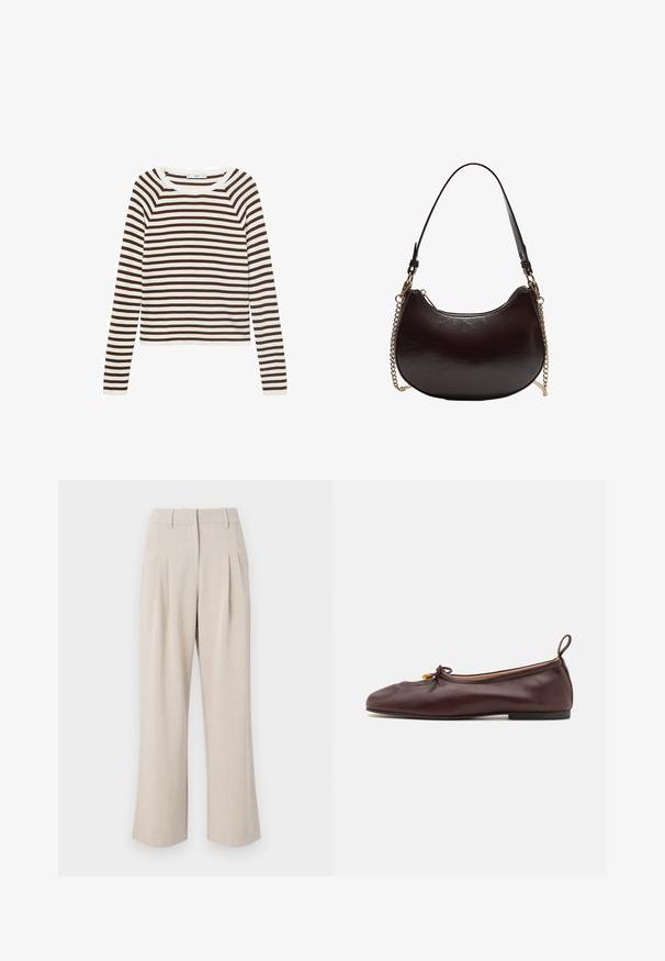 T-shirt met lange mouwen met horizontale strepen in bruin en wit, gemaakt van zachte stof met een ronde hals en een aansluitend ontwerp.; Beige wijde pantalon met een hoge taille, voorzien van plooien aan de voorkant, een gladde textuur en een gestructureerd ontwerp. Geen zichtbare zakken of versieringen.; ALOHAS ROSALIND BALLET FLATS - Ballerina's - brown; Zwarte leren handtas met een gebogen vorm, ketting- en leren schouderriem. Heeft een ritssluiting en een glanzende afwerking. Compact en gestructureerd ontwerp.; Anna Field Handschoenen - black