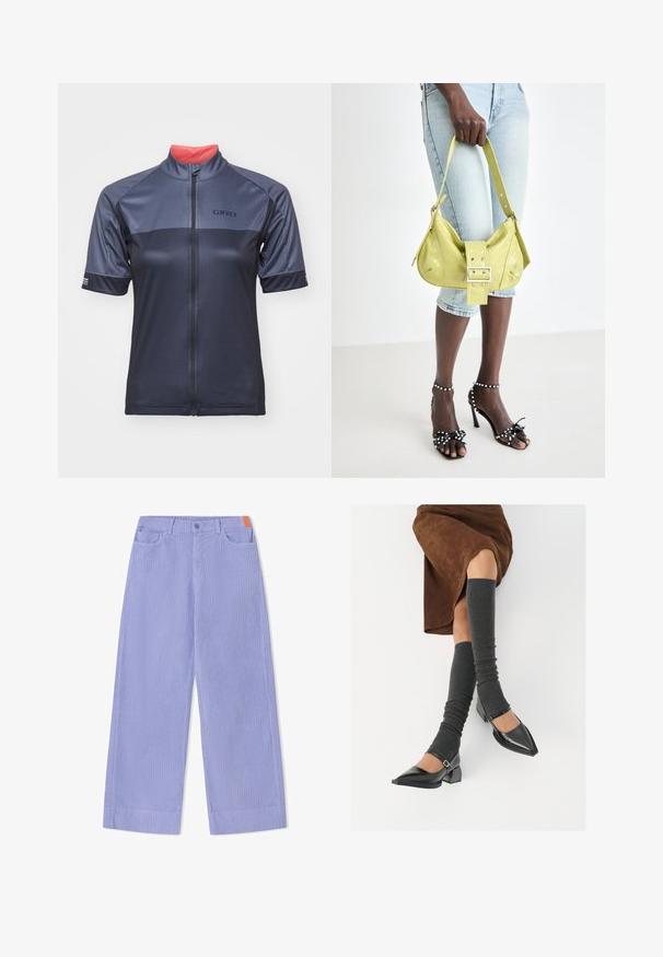 Colorful knit sweater with red, purple, yellow floral pattern, light blue ribbed neckline, and striped ribbed cuffs and hem in pastel tones.; Men's cycling jersey in dark navy, featuring short sleeves, a full front zipper, and a contrasting coral inner collar. Brand logo on chest.; Wide-leg pants in light purple ribbed fabric, featuring a front button closure, two pockets, and an orange accent on the waistband.; Black patent leather pointed-toe shoes with a block heel and ankle strap, paired with gray ribbed leg warmers and a brown suede skirt.; Yellow perforated handbag with a buckle detail and adjustable strap, paired with denim shorts and black high-heeled sandals with bows.