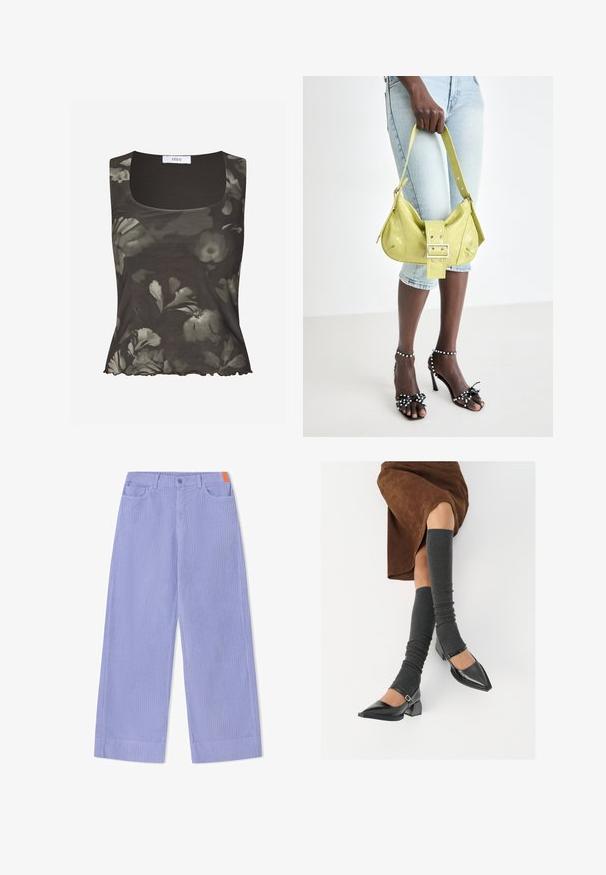 Bunter Strickpullover mit rotem, lila und gelbem Blumenmuster, hellblau geripptem Halsausschnitt sowie gestreiften, gerippten Bündchen und Saum in Pastellfarben.; Envii WILMA - Top - green; Weite Hosen aus hellviolettem, geripptem Stoff mit vorderer Knopfleiste, zwei Taschen und einem orangefarbenen Akzent am Bund.; Schwarze lacklederne spitze Schuhe mit Blockabsatz und Knöchelriemen, kombiniert mit grauen gerippten Beinstulpen und einem braunen Wildlederrock.; Gelbe perforierte Handtasche mit einer Schnallendetail und verstellbarem Träger, kombiniert mit Jeansshorts und schwarzen High-Heelsandalen mit Schleifen.