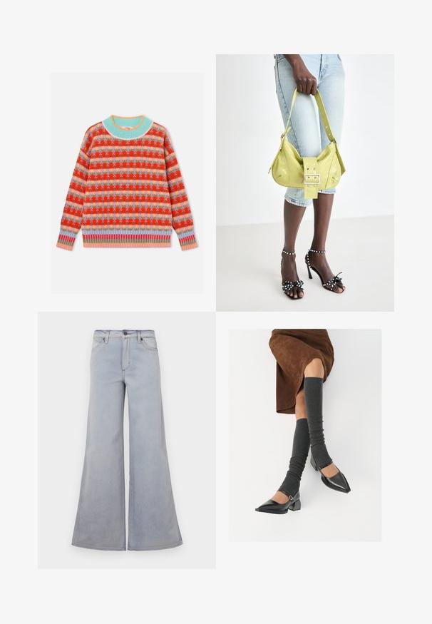 Värikäs neulepusero, jossa punainen, violetti ja keltainen kukkakuosi, vaaleansininen resorinen pääntie sekä raidalliset, pastellisävyiset resorit hihansuissa ja helmassa.; Vaaleansiniset leveälahkeiset farkut, jotka on valmistettu denimistä. Niissä on korkea vyötärö, viisi taskua ja hienovaraiset ompeluyksityiskohdat saumoissa.; Musta lakattu nahkakengät teräväkärkisillä, leveällä kantapäällä ja nilkkahihnalla, yhdistettynä harmaisiin ribattuihin säärystimiin ja ruskeaan mokkasiinimekkoon.; Keltainen reikäkotelo, jossa on solkiyksityiskohta ja säädettävä olkahihna, yhdistettynä farkkushortseihin ja mustiin korkokenkiin, joissa on nauhat.